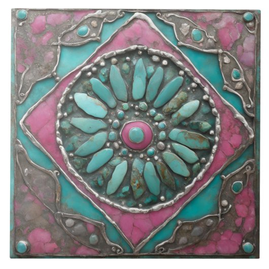 Carreau Œuvre d'art mosaïque mandala bohème turquoise et r (Devant)