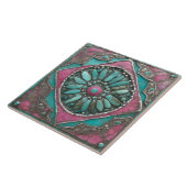 Carreau Œuvre d'art mosaïque mandala bohème turquoise et r (Côté)