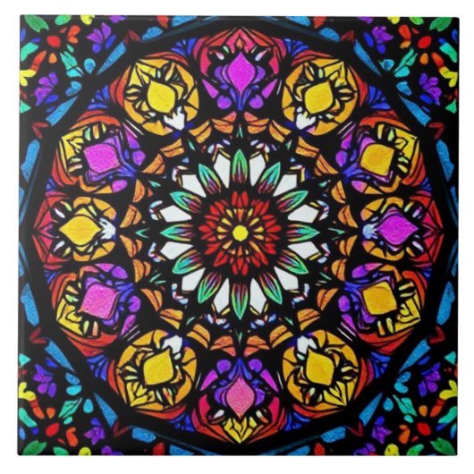 Carreau Oeuvre Florale En Verre Tiré Mandala (Devant)