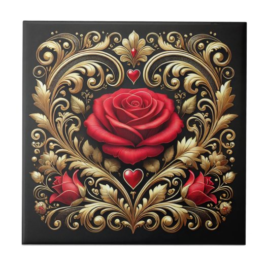 Carreau Oeuvre luxueuse Red Rose et Gold Heart (Devant)