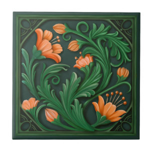 Carreau Oeuvre originale Fleurs vert et orange