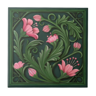 Carreau Oeuvre originale Fleurs vertes et roses