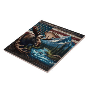 Carreau Oie devant la montagne et drapeau américain