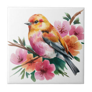 Carreau Oiseau à Fleur Rose