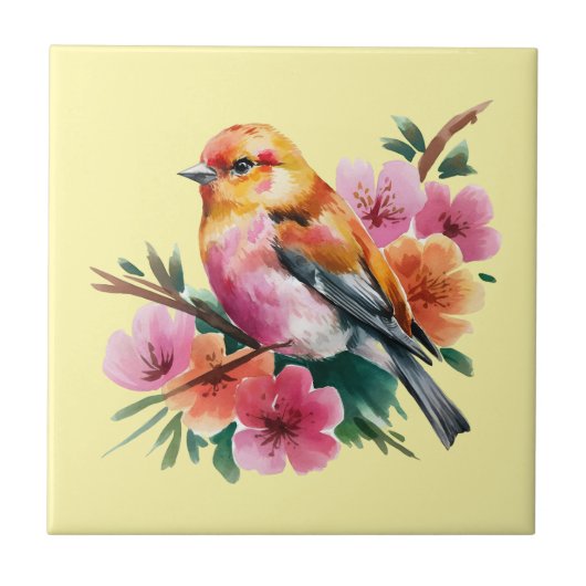 Carreau Oiseau à fleur rose (Devant)