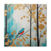 Carreau Oiseau Bleu Abstrait En Automne Forêt Feuille Doré (Devant)