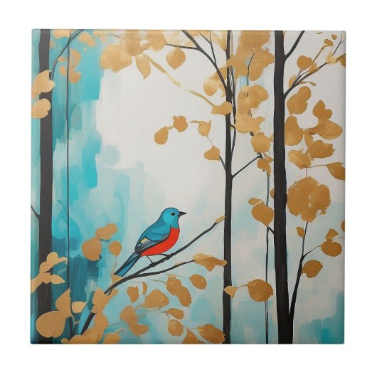 Carreau Oiseau Bleu Abstrait En Automne Forêt Feuille Doré (Devant)