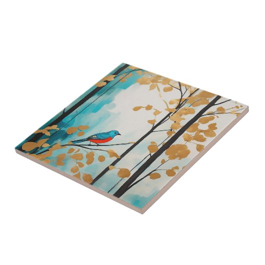 Carreau Oiseau Bleu Abstrait En Automne Forêt Feuille Doré (Côté)