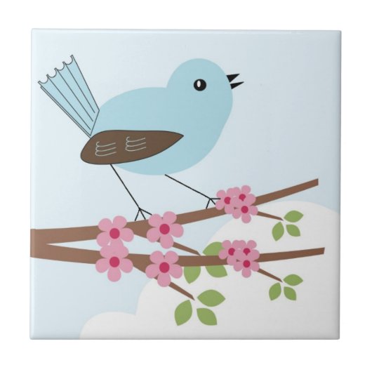 Carreau Oiseau bleu dans l'arbre en fleurs (Devant)