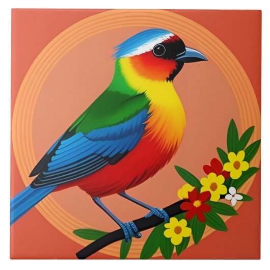 Carreau Oiseau Coloré Parmi des Fleurs Vibrantes (Devant)