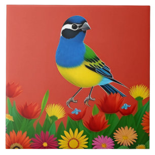 Carreau Oiseau Coloré Perché Parmi des Fleurs Vibrantes