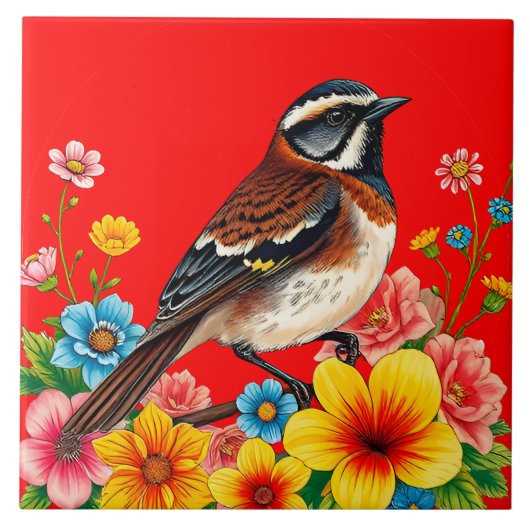 Carreau Oiseau Coloré Perché Parmi Les Fleurs (Devant)