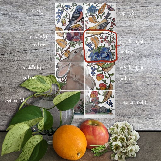 Carreau Oiseau de lapin Jacobean tuile florale murale 8pc 