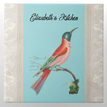 Carreau Oiseau de mer à tête bleue portant un nom sur Aqua<br><div class="desc">Ce design présente l'adorable oiseau à tête bleue ou carmin "mangeur d'abeilles", avec ses plumes vives et colorées et son plumage. Cet oiseau, comme son nom l'indique, capture divers insectes et se reproduit en Europe du sud et du centre, en Afrique du nord et du sud, et en Asie occidentale....</div>
