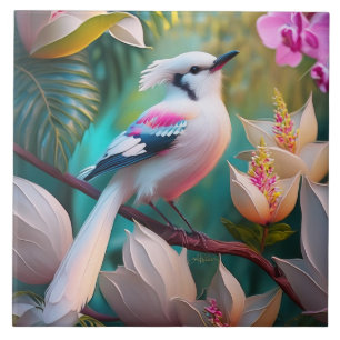 Carreau Oiseau Fantastique à Poitrine Rose et Crête Blanch