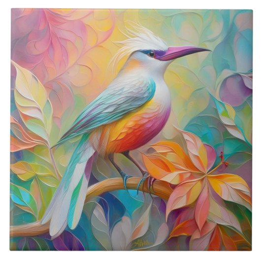 Carreau Oiseau fantastique à poitrine rouge et bec rose (Devant)