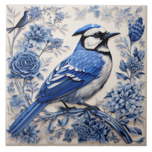 Carreau Oiseau Inspiré du Geai Bleu avec Fleurs Bleues