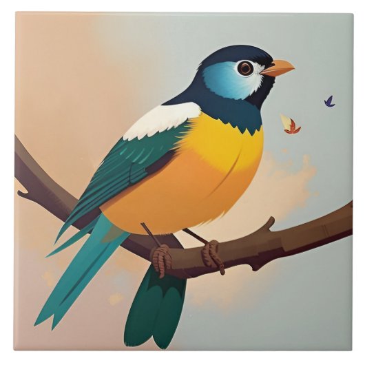 Carreau Oiseau jaune et vert vif perché sur une branche (Devant)
