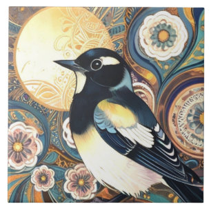 Carreau Oiseau noir et blanc Art déco Nouveau Fleur Floral