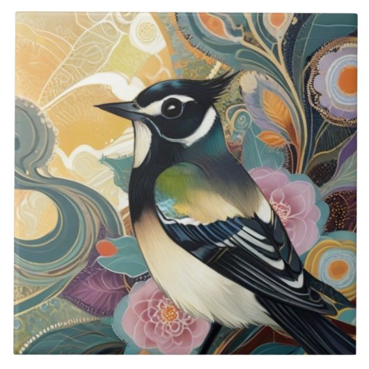 Carreau Oiseau noir et blanc Fleurs élégantes Floral (Devant)