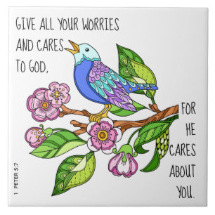 Carreau Oiseau peint, vers w de 1 Pierre 5:7