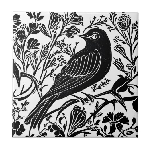 Carreau Oiseau sur une branche avec Fleurs en noir et blan (Devant)