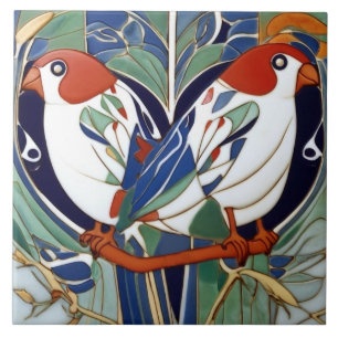 Carreau Oiseaux Art Nouveau Art Déco en Rouge Blanc Bleu V