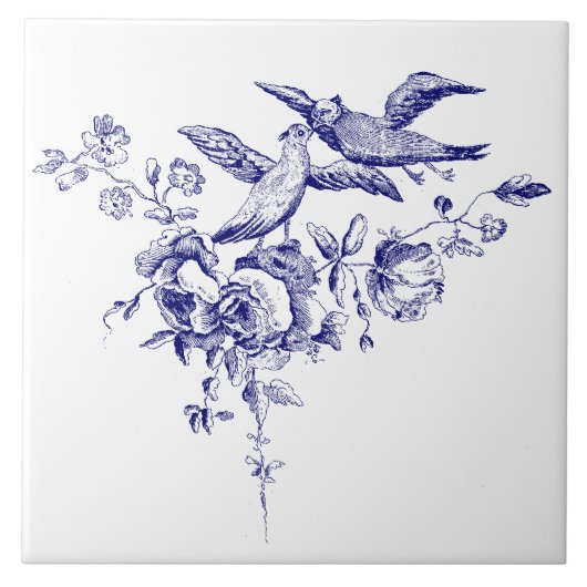 Carreau Oiseaux bleus et blancs sur fleurs (Devant)