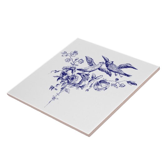 Carreau Oiseaux bleus et blancs sur fleurs (Côté)