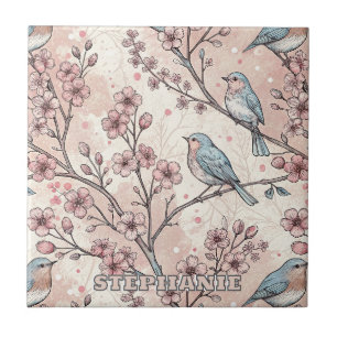 Carreau Oiseaux Bleus Pastel avec Fleurs de Cerisier Roses