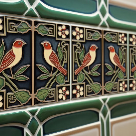 Carreau Oiseaux Cardinaux Fleurs Art Déco Nouveau Décor Mu