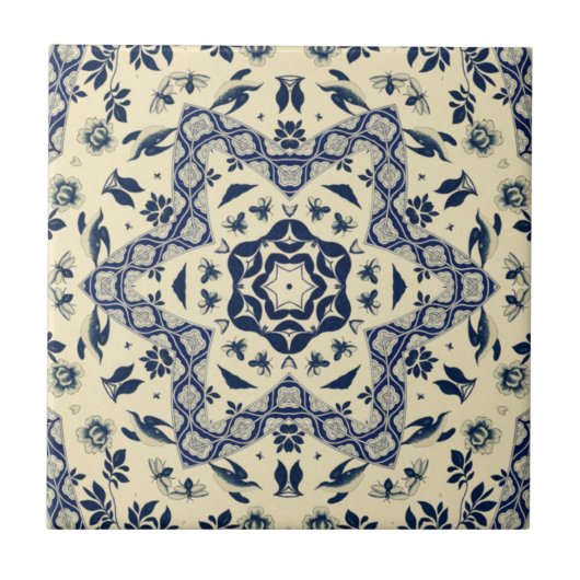 Carreau Oiseaux chinois ~ Abeilles ~ Fleurs ~ Delft ~ * ~ (Devant)