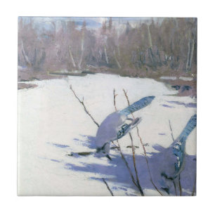 Carreau Oiseaux de Jay Bleu dans un paysage hivernal