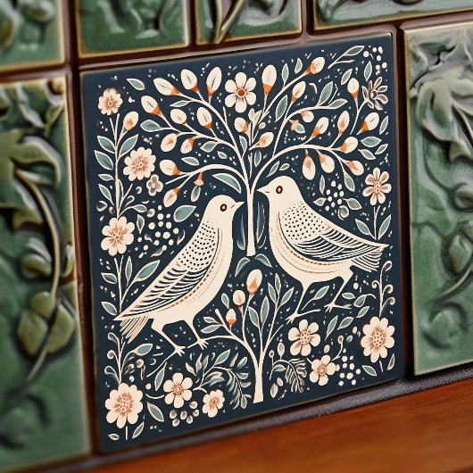 Carreau Oiseaux et arbre de vie Bleu Orange Art Nouveau
