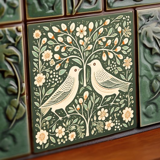 Carreau Oiseaux et arbre de vie Vert Art Nouveau