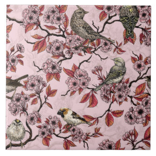 Carreau Oiseaux et fleurs de cerisier sur fond rose pâle