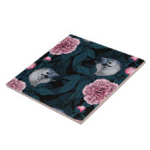 Carreau Oiseaux et fleurs de pivoines roses avec feuille (Côté)