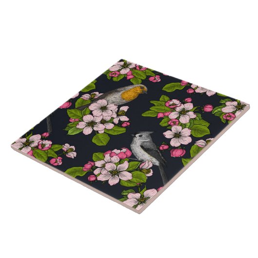 Carreau Oiseaux et fleurs en noir (Côté)