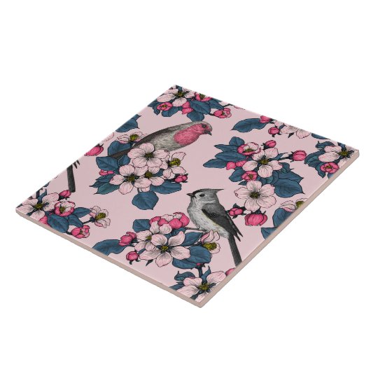 Carreau Oiseaux et fleurs roses (Côté)