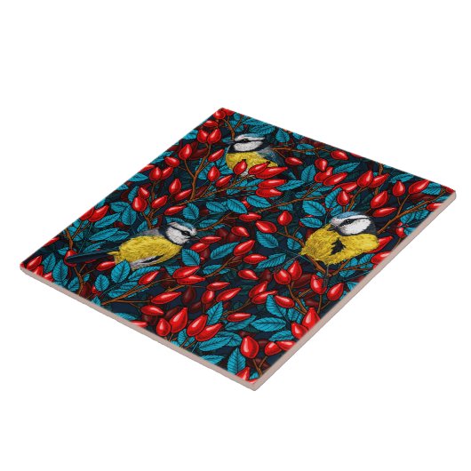 Carreau Oiseaux et hanches roses de chien, bleu et rouge (Côté)