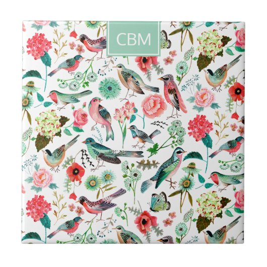 Carreau Oiseaux exotiques Jungle Floral avec Monogramme (Devant)