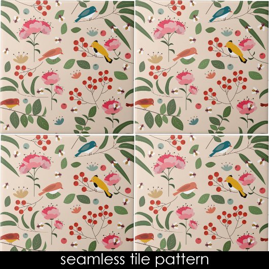 Carreau Oiseaux floraux dessinés à la main Abeilles Motif 