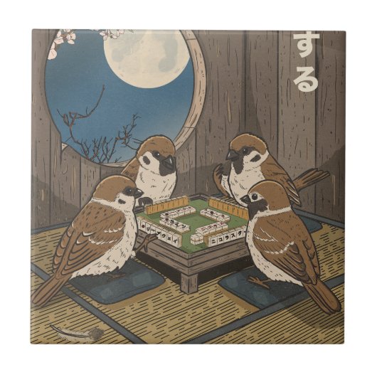 Carreau Oiseaux jouant au Mahjong  (Devant)