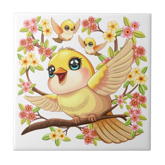 Carreau Oiseaux mignons et heureux parmi les fleurs du pri (Devant)