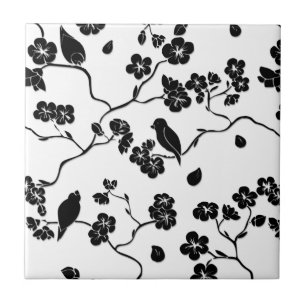 Carreau Oiseaux Motifs noirs et blancs sur les fleurs de c