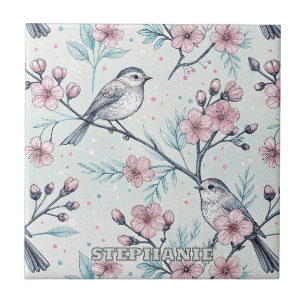 Carreau Oiseaux sarcelle élégants Fleurs de cerisier roses