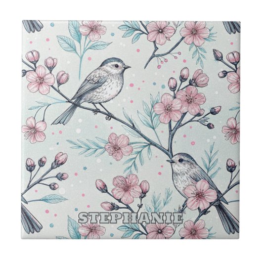 Carreau Oiseaux sarcelle élégants Fleurs de cerisier roses (Devant)