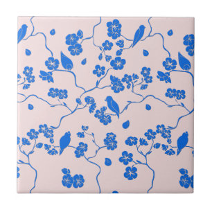 Carreau Oiseaux sur les fleurs de cerisier Bleu sur Blush