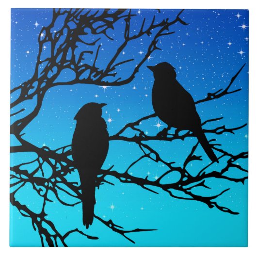 Carreau Oiseaux sur une branche, noirs sur fond bleu de so (Devant)