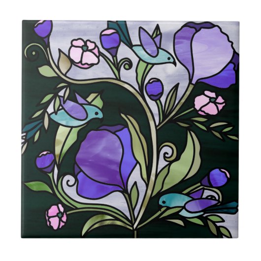 Carreau Oiseaux verts et fleurs violettes de style verre f (Devant)